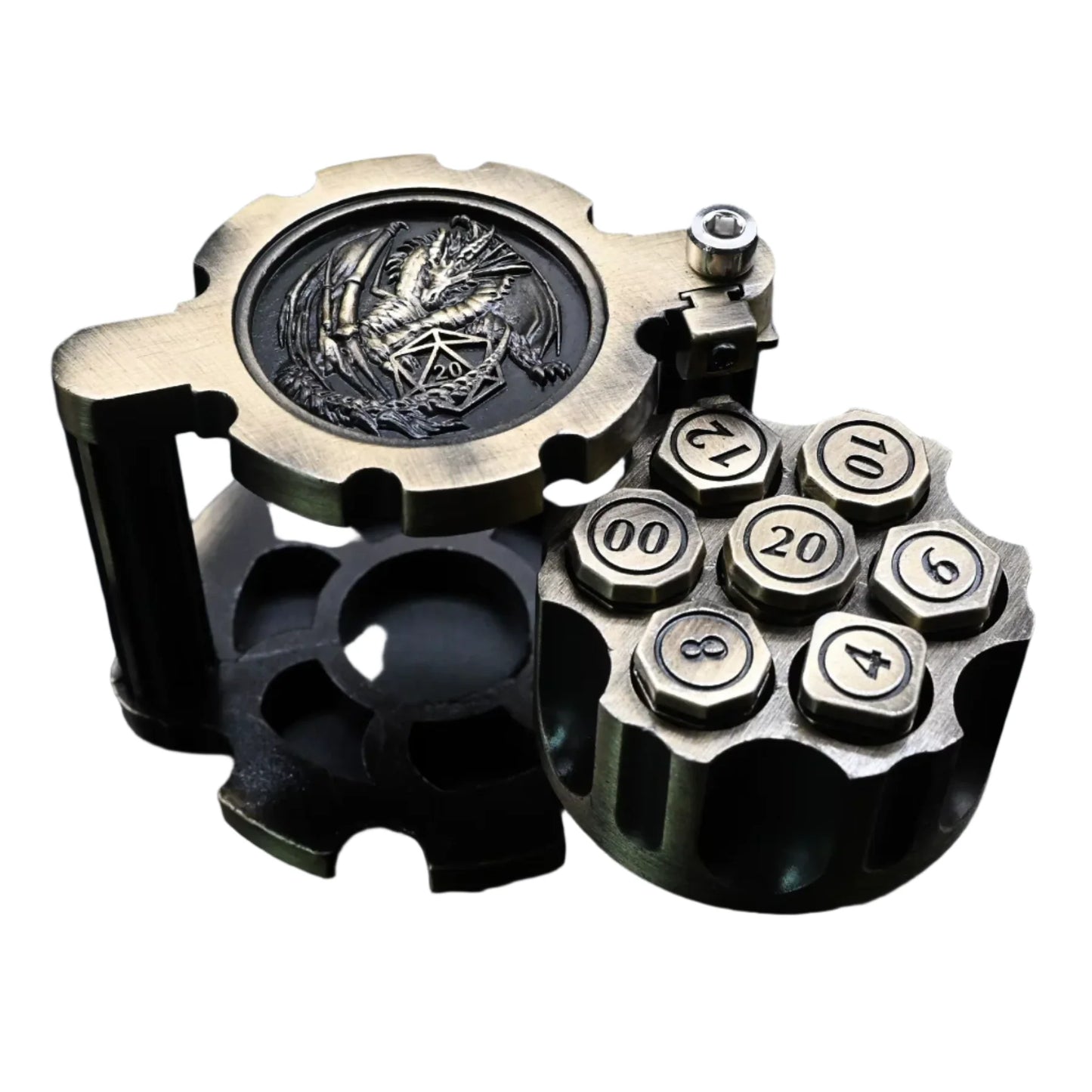 Hexchamber | Ancient Brass | Bullet Dice Set with Spinning Revolver Case