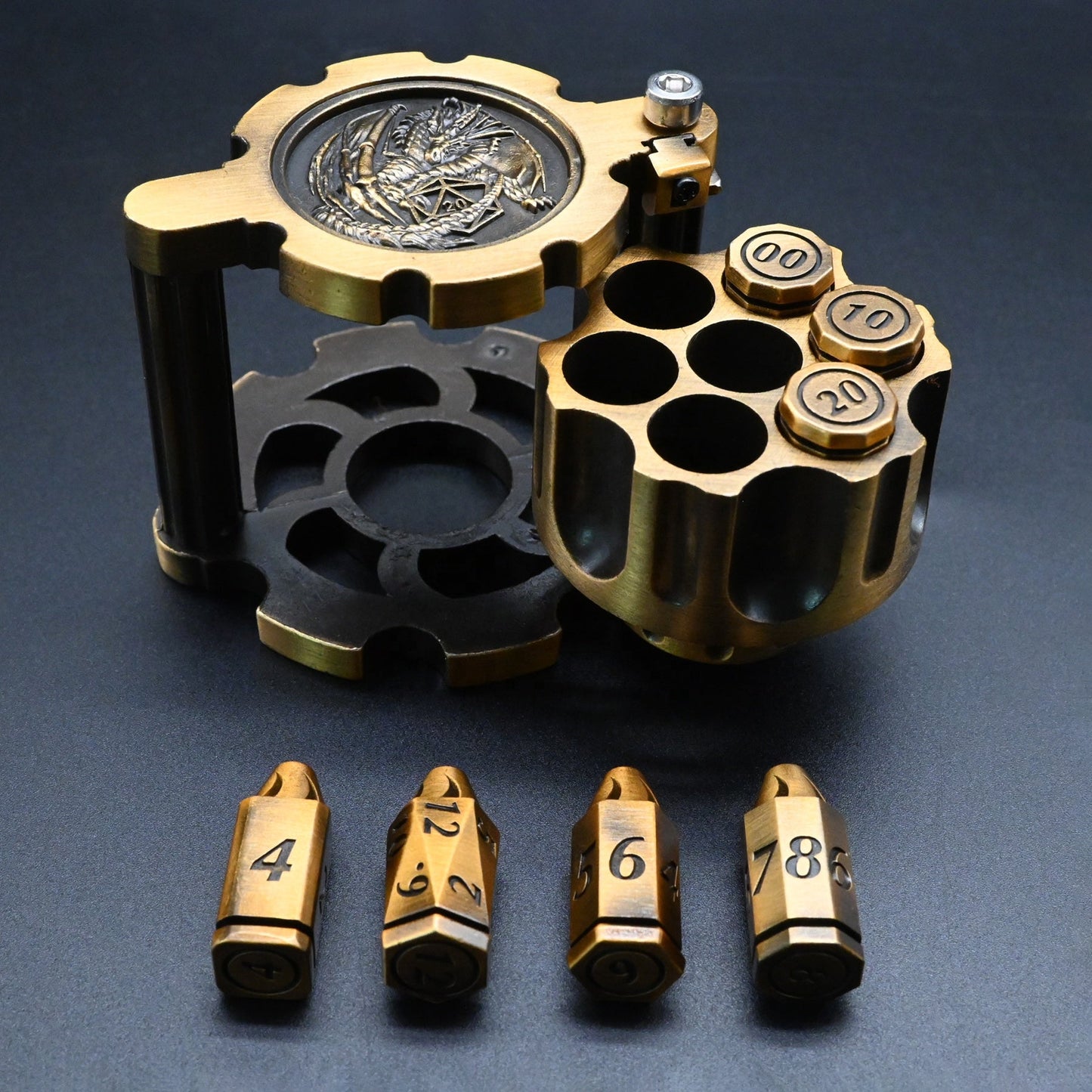 Hexchamber | Ancient Gold | Bullet Dice Set with Spinning Revolver Case